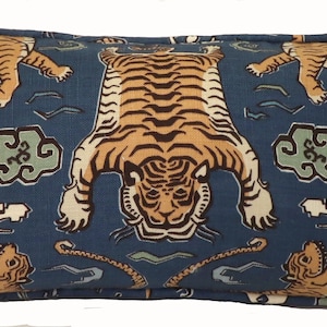 One 14&quot; by 26&quot; Tiger Throw Pillow Cover, Oblong Denim Blue Tiger Republic Himalayan Throw Pillow Cover, Living Room, Chinoiserie Decor Vastu