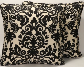 Set of 2 18" Black Floral Throw Pillow Covers,  Waverly Essence Onyx Black & Cream Floral Medallion Pillow Covers, Living Room Pillows, Boho