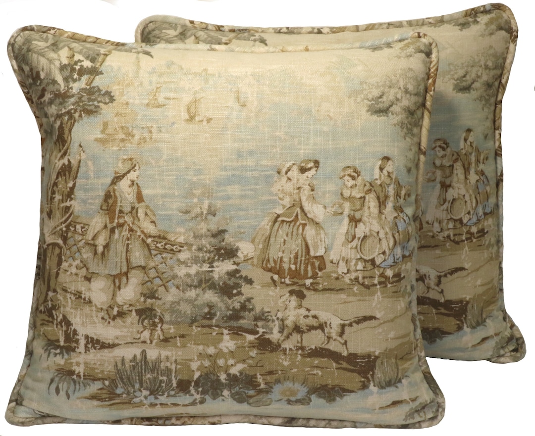 Set of 2 18 French Country Throw Pillow Covers, Bosporus Flax Seafoam