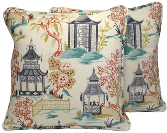 Set of 2 20" Temple Cream Throw Pillow Covers, Chinoiserie Pagoda Shoji Cream Blue Tan Asian Handmade Pillows