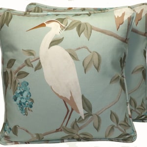 Set of 2 18&quot; Aqua Blue Heron Bird Decorative Throw Pillows, Coastal Bird Floral Designer Throw Pillows and Forms, Living Room Sofa