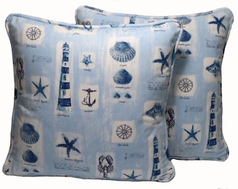 Set of 2 18" Coastal Beach Blue Throw Pillow Covers, Lighthouse Seashell Decorative Blue Throw Pillow Covers, Anchor Nautical  Fish Seashell