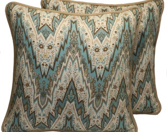 Set of 2 18" Green Tan and Beige  Designer Pillow Covers, Ikat Zig Zag Decorative Throw Pillow Covers, Boho Chic Bohemian, Living Room Sofa