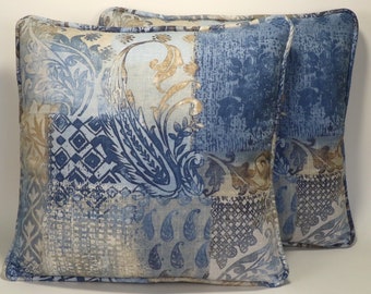 Set of 2 20" Blue Paisley Throw Pillow Covers, Talia Harbor Linen Blue and Tan Designer Throw Pillow Covers, Boho Chic,  Living Room Pillows