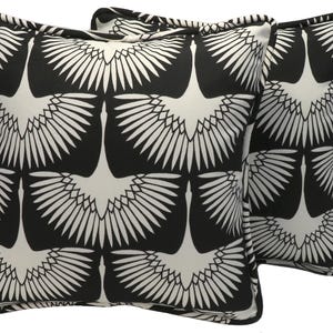 Set of 2 20" Black Crane Outdoor Fabric Throw Pillow Covers,  Black and Cream Bird Egret Designer Throw Pillow Covers, Patio Deck, Coastal