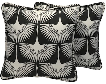 Set of 2 20" Black Crane Outdoor Fabric Throw Pillow Covers,  Black and Cream Bird Egret Designer Throw Pillow Covers, Patio Deck, Coastal