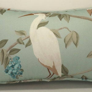 One 14" by 26" Heron Egret Bird Throw Pillow Cover, Heron Mineral Light Aqua Blue  fabric Oblong Rectangle  Throw Pillow Cover, Living Room