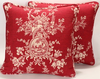 Ruffled 16"x16" Pillow Cover in Waverly Sweet Pastimes Toile Crimson 