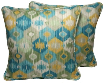 Set of 2 18" Blue and Green Ikat Throw Pillow Covers, Aqua Blue, Yellow, Green  Geometric Designer  Pillow Covers, Boho Chic, Living Room