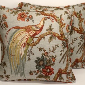 Set of 2 18" Pheasant Decorative Throw Pillows, Waverly Olana Bay Leaf Pheasant Bird Floral Designer Throw Pillows and Forms, Living Room