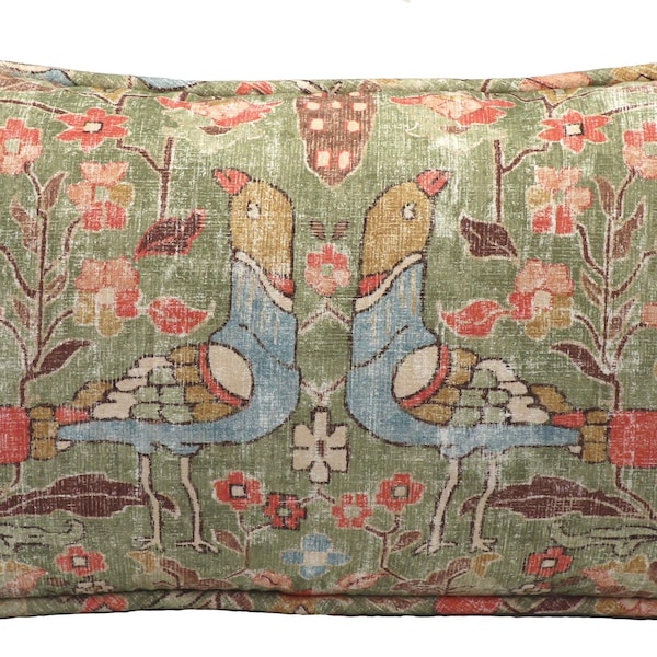 One 14" by 26" Locanda Celery Bird Oblong Throw Pillow Cover, Turkish Decor Green  Rectangular Pillow Covers, Living Room Distressed Style