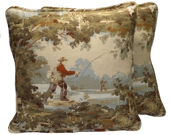 Set of 2 20&quot; Fishing Throw Pillow Covers, 2 Fly Fishing Green Tan Cream Designer Throw Pillow Covers, Father&#39;s Day, Gift for Dad, Man Cave