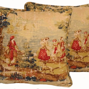 Set of 2 18" French Country Throw Pillow Covers, Bosporus Antique Red Green Tan Toile Designer Throw Pillows, Living Room Decorative Pillows
