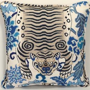 One 20&quot; Tiger Throw Pillow Cover, Two Tiger Eye Blue Basketweave Moon Throw Pillow Cover, Living Room Pillow, Chinoiserie Decor