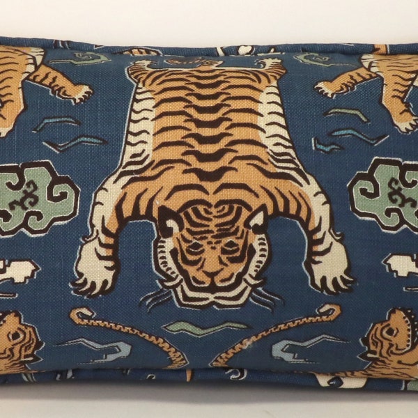 One 14" by 26" Tiger Throw Pillow Cover, Oblong Denim Blue Tiger Republic Himalayan Throw Pillow Cover, Living Room, Chinoiserie Decor