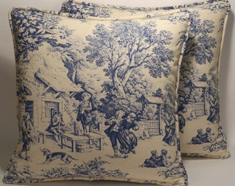 2er-Set 18-Zoll-blaue Toile-Kissenbezüge, blaue und cremefarbene französische Country Toile Party Designer-Kissenbezüge, französisches Vintage-Dekor