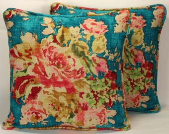 Set of 2 18" Floral Decorative Throw Pillow Covers, Venus Caribbean Aqua Blue Cream Pink Floral Designer Throw Pillow Covers, Living Room