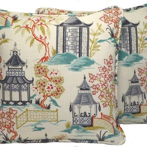 2er Set 18 &quot;Tempel Creme Dekokissenbezüge, Shoji Pagode Blau Tan Schwarz Handgefertigte Dekokissenbezüge, Wohnzimmer, Chinoiserie, Asiatisch