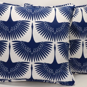 Set of 2 18" Outdoor Blue Crane Decorative Throw Pillow Covers, Handmade Blue Bird Egret Designer Throw Pillow Covers, Patio Decor
