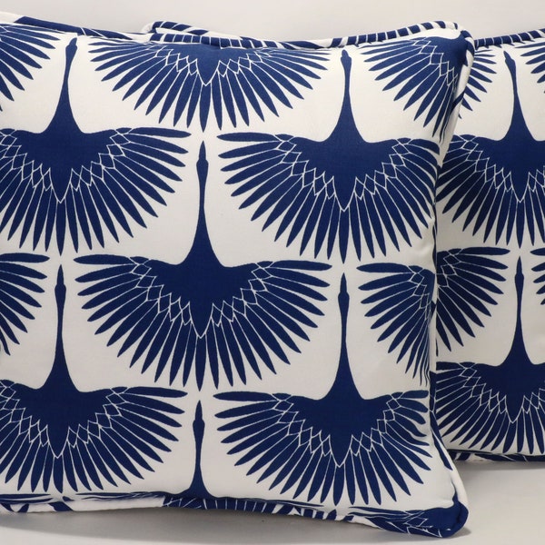 Set of 2 22" Outdoor  Blue Crane Decorative Throw Pillow Covers, Genevieve Gorder Blue Bird Egret Designer Throw Pillow Covers, Patio Decor