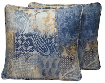 Set of 2 20&quot; Blue and Tan Paisley Throw Pillow Covers, Talia Harbor Linen Blue and Tan Throw Pillow Covers, Boho Chic,  Living Room Pillows