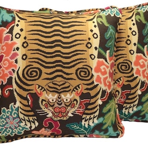 Set of 2 20&quot; Tiger Throw Pillow Covers, Two Tiger Eye Slate Basketweave Moon Throw Pillow Covers, Living Room Pillows, Chinoiserie Decor
