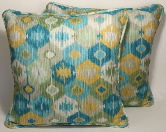 Set of 2 18 Blue Ikat Throw Pillow Crown Chenille Toss Pillow (Set of 2