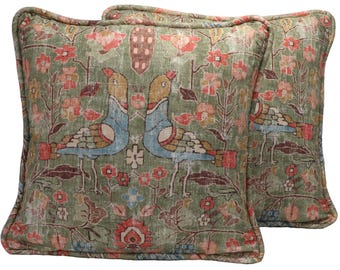 Set of 2 20" Locanda Celery Bird Throw Pillow Covers, Turkish Decor Green and Blue Pillow Covers, Living Room Weathered  Style