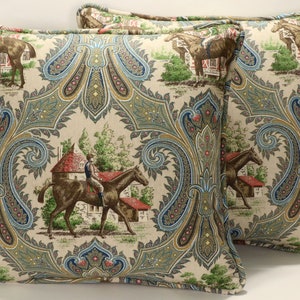 Set of 2 20" Horse Throw Pillow Covers , Equestrian  Country Scene Blue Green Tan Paisley Throw Pillow Covers, Farmhouse, Horseback Riding,