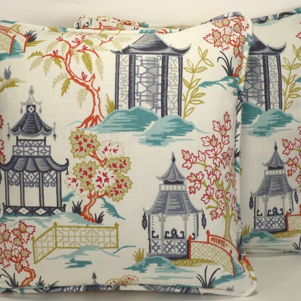 Set of 2 18" Temple Cream Throw Pillow Covers, Shoji  Pagoda Blue Tan Black Handmade Throw Pillow Covers, Living Room, Chinoiserie, Asian