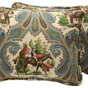 Set of 2 14" by 18" Horse Throw Pillow Covers, Equestrian Country Scene Blue Green Paisley Throw Pillow Cover, Living Room, Horseback Riding