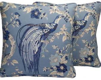 Set of 2 20" Blue Pheasant Bird Decorative Throw Pillow Covers, Waverly Pheasant Bird Floral Designer Throw Pillow Covers, Living Room Sofa