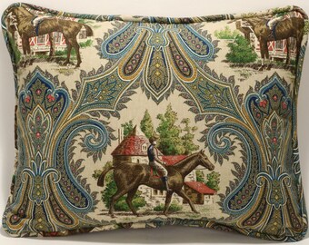 One  14" by 18" Horse Throw Pillow Cover, Equestrian Country Scene Blue Green Paisley Throw Pillow Cover, Living Room, Horseback Riding