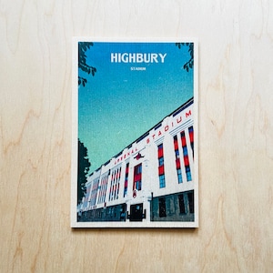 Cartolina in legno dell'Arsenal, stadio di Highbury, cartolina dell'Arsenal FC