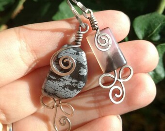 asymmetrical earrings, silver and snowflake obsidian