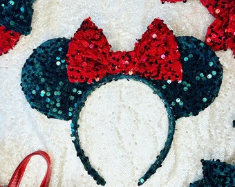 Green and red glitter sequin mouse ears