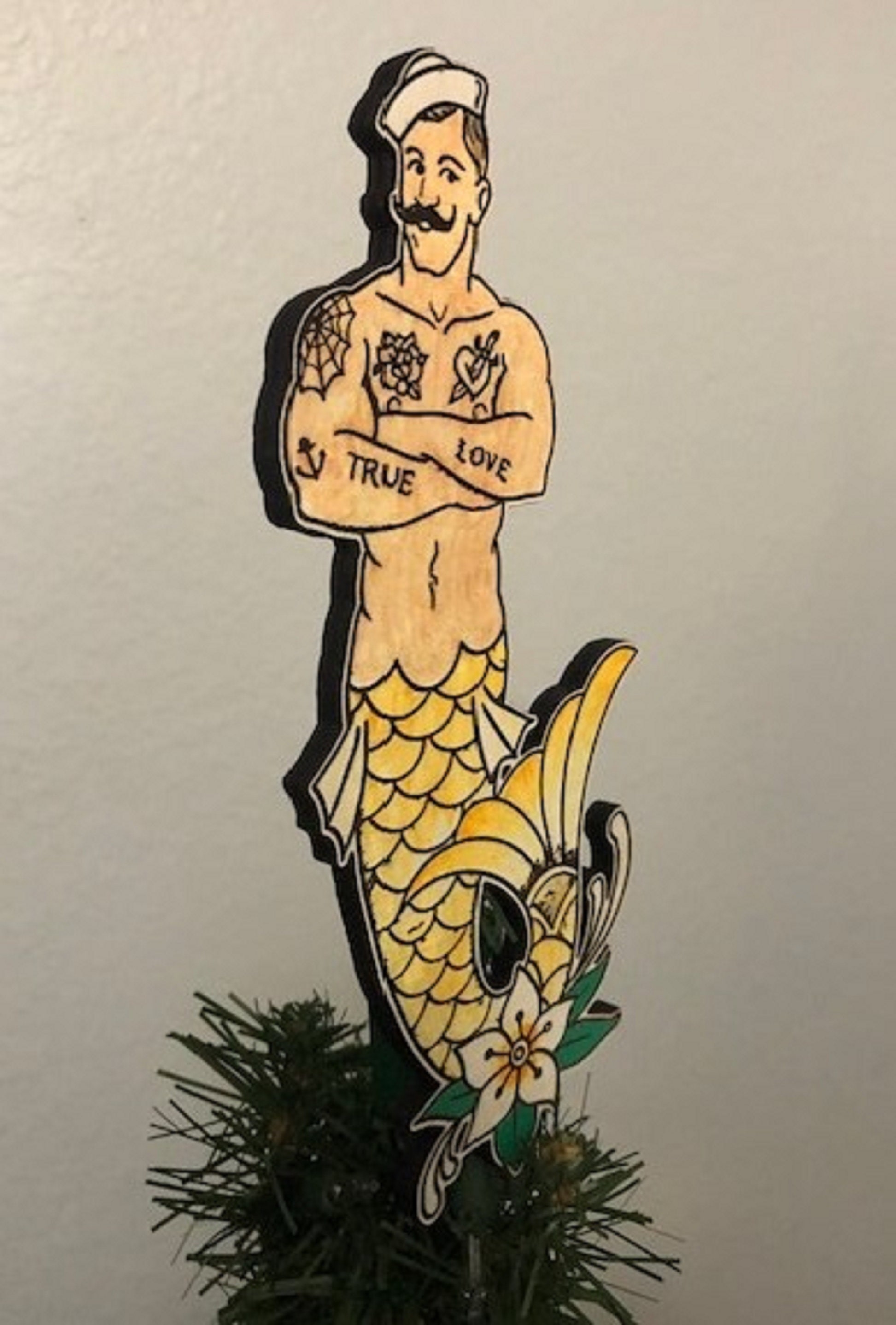 Merman Tree Display Tattooed Merman Tree Topper, Male Mermaid Tree Topper, Merman Christmas ...