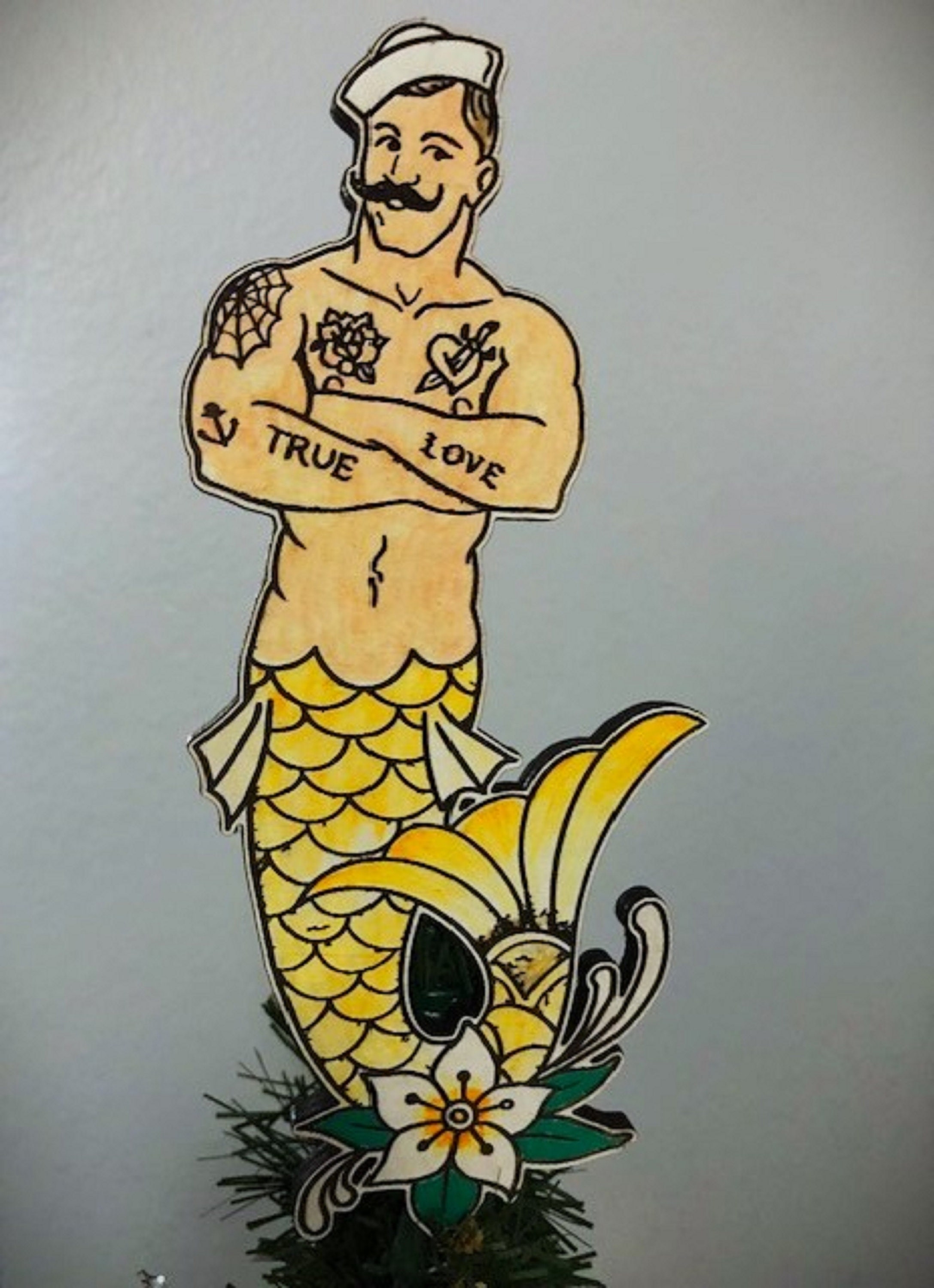 Merman Tree Display Tattooed Merman Tree Topper, Male Mermaid Tree Topper, Merman Christmas ...