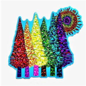 May include: A sticker featuring a rainbow-colored forest with five trees and a sun. The trees are made up of geometric shapes and the sun is a stylized design.