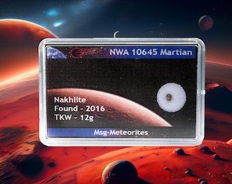 May include: A Martian meteorite sample in a clear display case. The label reads "NWA 10645 Martian, Nakhilite, Found - 2016, TKW - 12g". The background features a red planet and other celestial bodies.