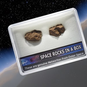 May include: Two small, dark brown meteorite rocks in a clear plastic box with a white background. The box has a blue label that reads "Space Rocks in a Box" and "These are genuine Meteorites from Outer Space".