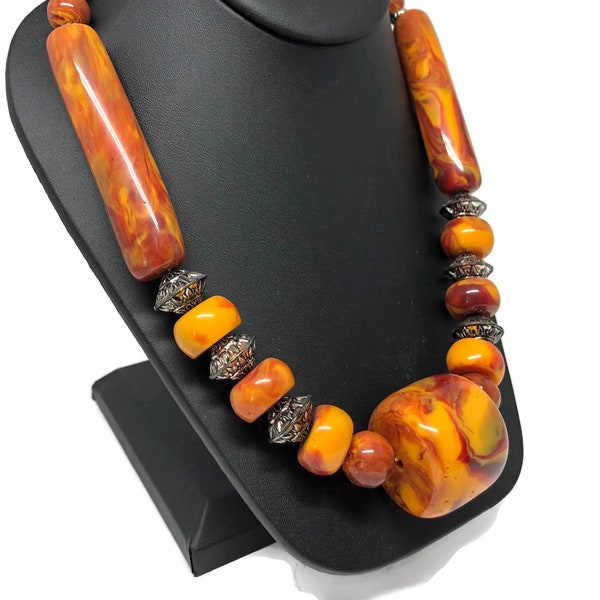 Vintage 1960's Marbled Orange Plastic Chunky Necklace, EGG YOLK Marbled Lucite, Fun Long Chunky Statement Necklace, Vintage Jewelry