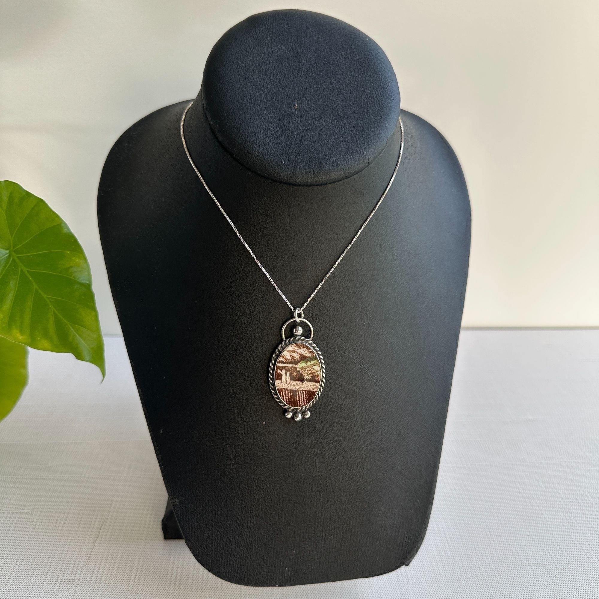 Jacqueline Smiley Sterling Silver Pendant, Brown Transferware Porcelain ...