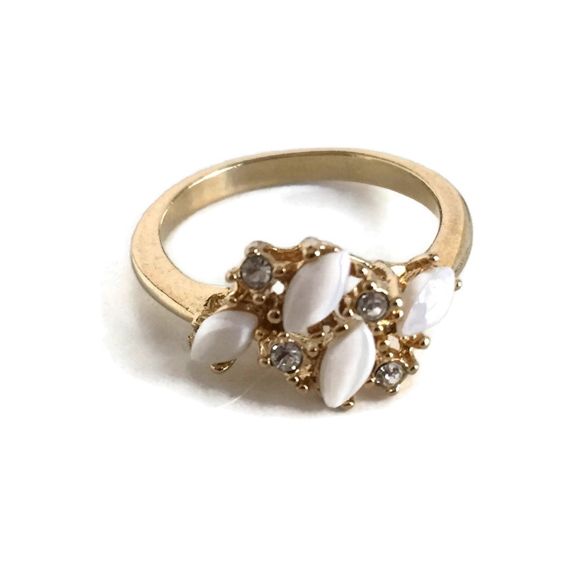 Vintage Gold Plated Rhinestone and Milk Glass Ring Size 9 12 Feminine Dainty Romantic Ring Cocktail Ring Mid Century Plus Size Jewelry