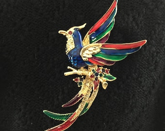 Vintage Enamel Bird Brooch: Rhinestone Tropical Bird Pin