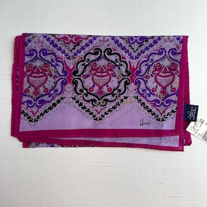 Vintage Honey Silk Scarf NWT, 10x50 Fuchsia Purple Black, Made in Japan, Long Designer Scarf, Geometric Medallion Print, Women&#39;s Gift