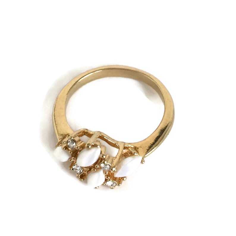 Vintage Gold Plated Rhinestone and Milk Glass Ring Size 9 12 Feminine Dainty Romantic Ring Cocktail Ring Mid Century Plus Size Jewelry