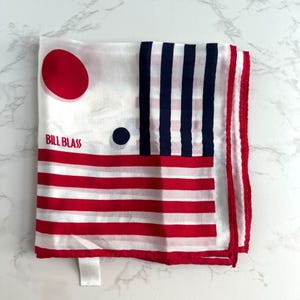 Bill Blass Silk Scarf, 30x30, Red, White, Blue Mod Print, Made in Japan, Vintage Square