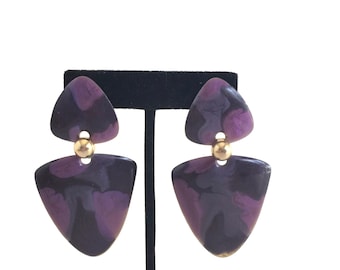 Vintage 1980s Brass Enamel Earrings: Chunky Purple Geometric Dangle