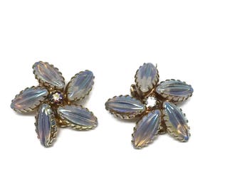 Vintage Opaline Glass Clip On Earrings: Bridal Star Cluster Jewelry